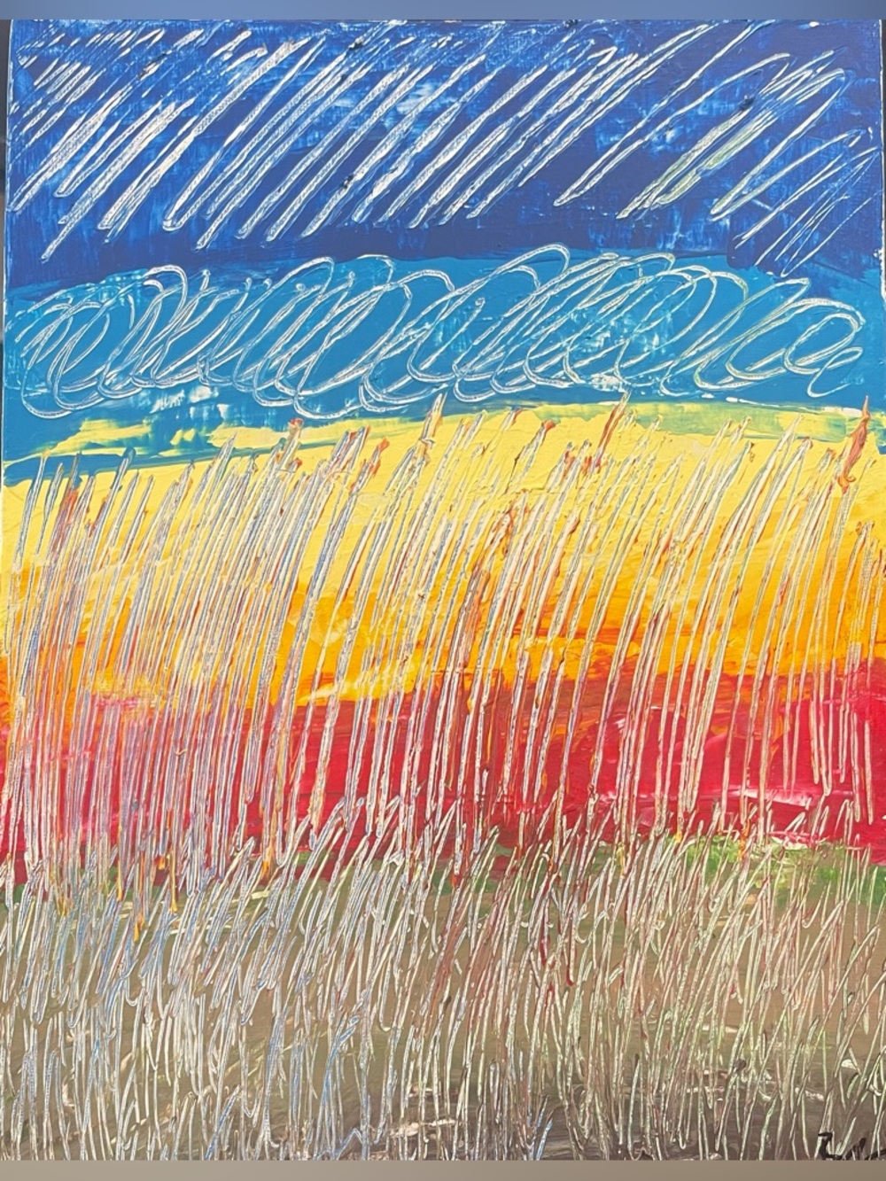 Vivid Abstract Field Painting in Blue, Yellow & Red